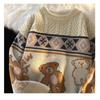 Cute Bear Knit Sweater Teens Loose Fit Round Neck Long Sleeve Badge Detail Fall Winter