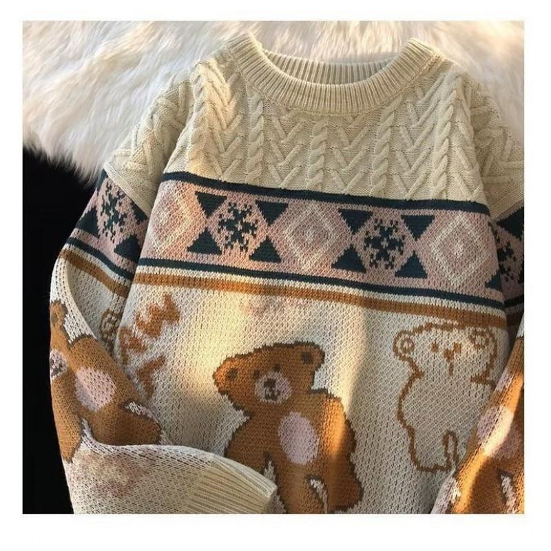 Cute Bear Knit Sweater Teens Loose Fit Round Neck Long Sleeve Badge Detail Fall Winter