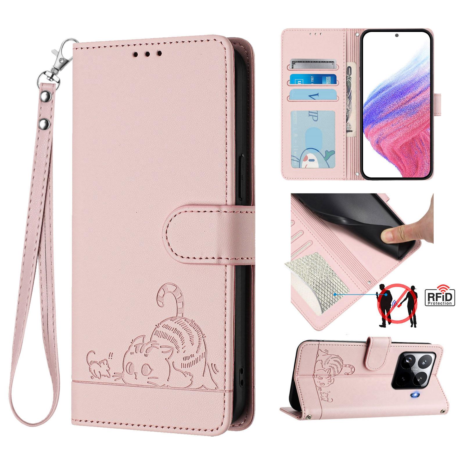 

For Xiaomi 15 Pro Case with Strap RFID Blocking Leather Wallet Phone Cover Cat Mouse Pattern B