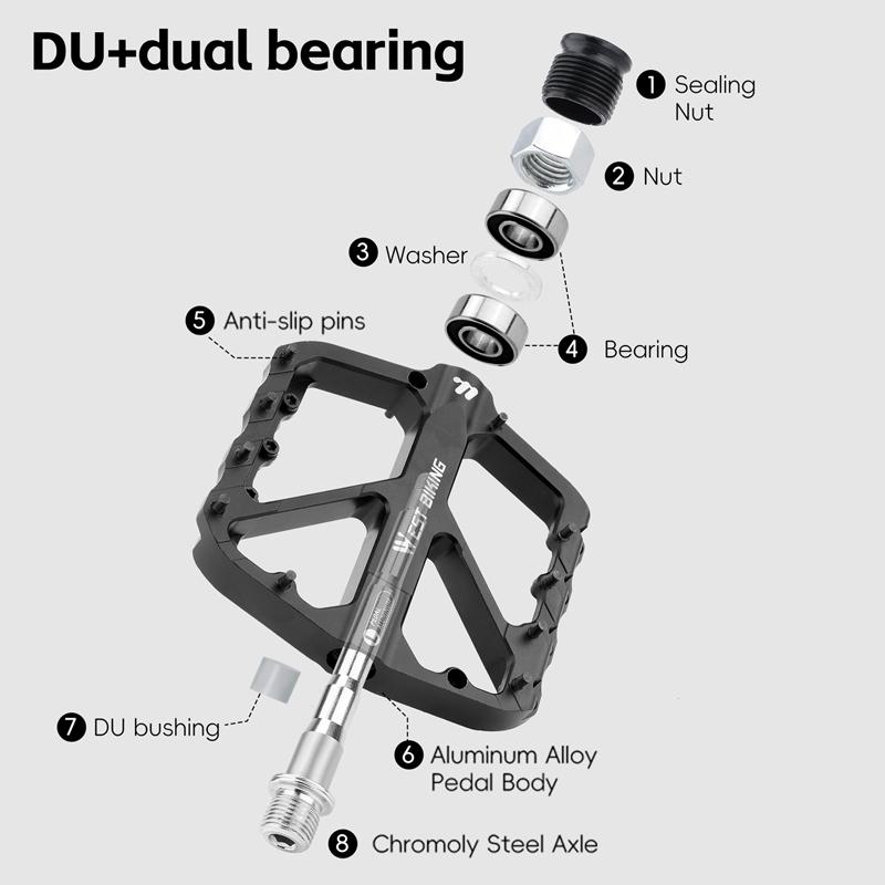WEST BIKING Mountain Bike Reflective DU Bearing Pedals Lightweight Aluminum Alloy Non-Slip Road Bike Flat Pedals For MTB BMX