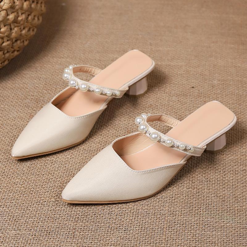 

Женские мюли во французском стиле с полузакрытым носком, туфли-слипоны, элегантная женская одежда для улицы, женские туфли, верх из шелка, резиновая подошва 40 бежевый