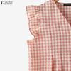 ZANZEA Women Casual V-Neck Ruffles Short Sleeve Plaid Print Blouse