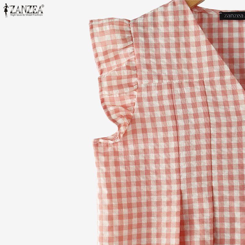 ZANZEA Women Casual V-Neck Ruffles Short Sleeve Plaid Print Blouse