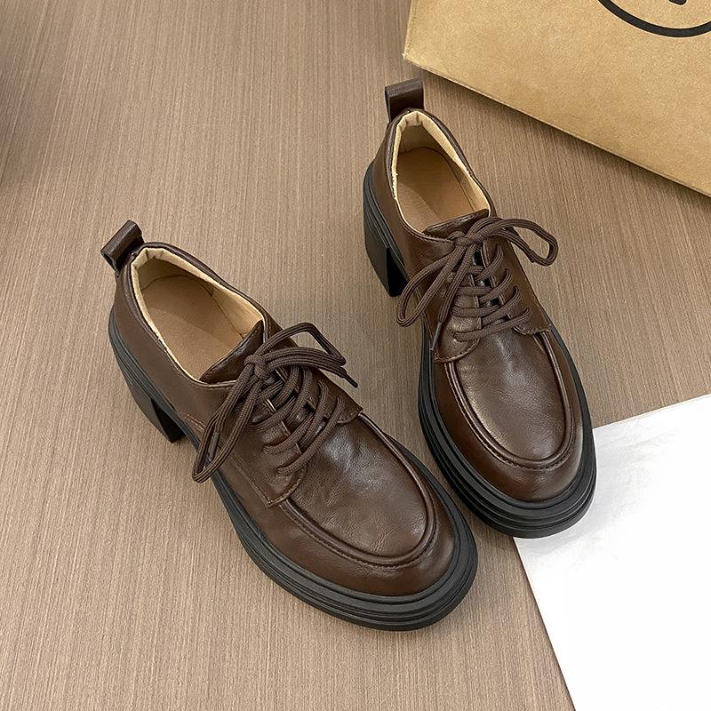 Retro round head thick-soled thick-heeled lace-up single shoes women's 2025 new spring and autumn British style small leather shoes deep-mouth high 