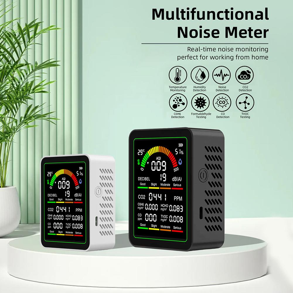 9-in-1 Air Quality Detector CO2 Monitor co, hcho, tvoc, c6h6, aqi, noise Level Detector Formaldehyde Temperature Humidity Meter