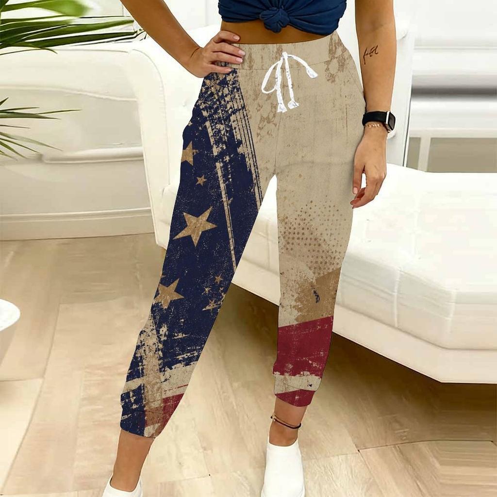 Women Plus Size American Flag Printed Jogger Pants Drawstring Waist Side Pockets Cuffed Ankle