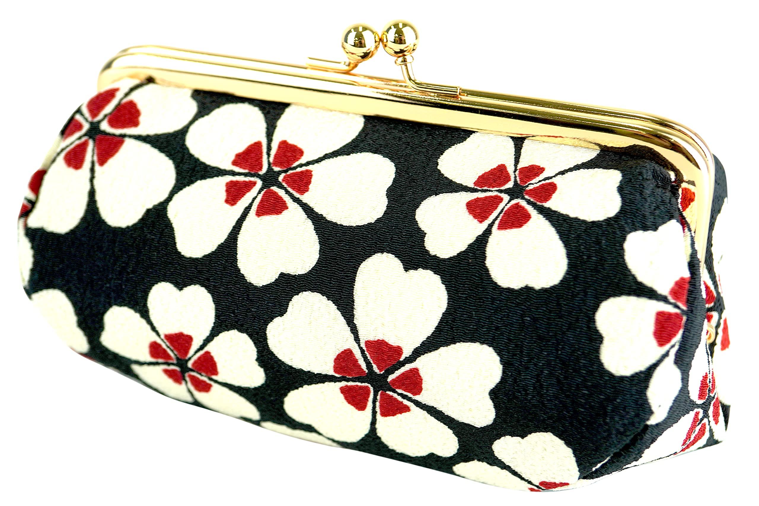 Uni Made in Futago Chirimen Japanese Pattern Cosmetic Pouch Cherry (0105-17) Seni, Japan, [Modern Blossom/Black]