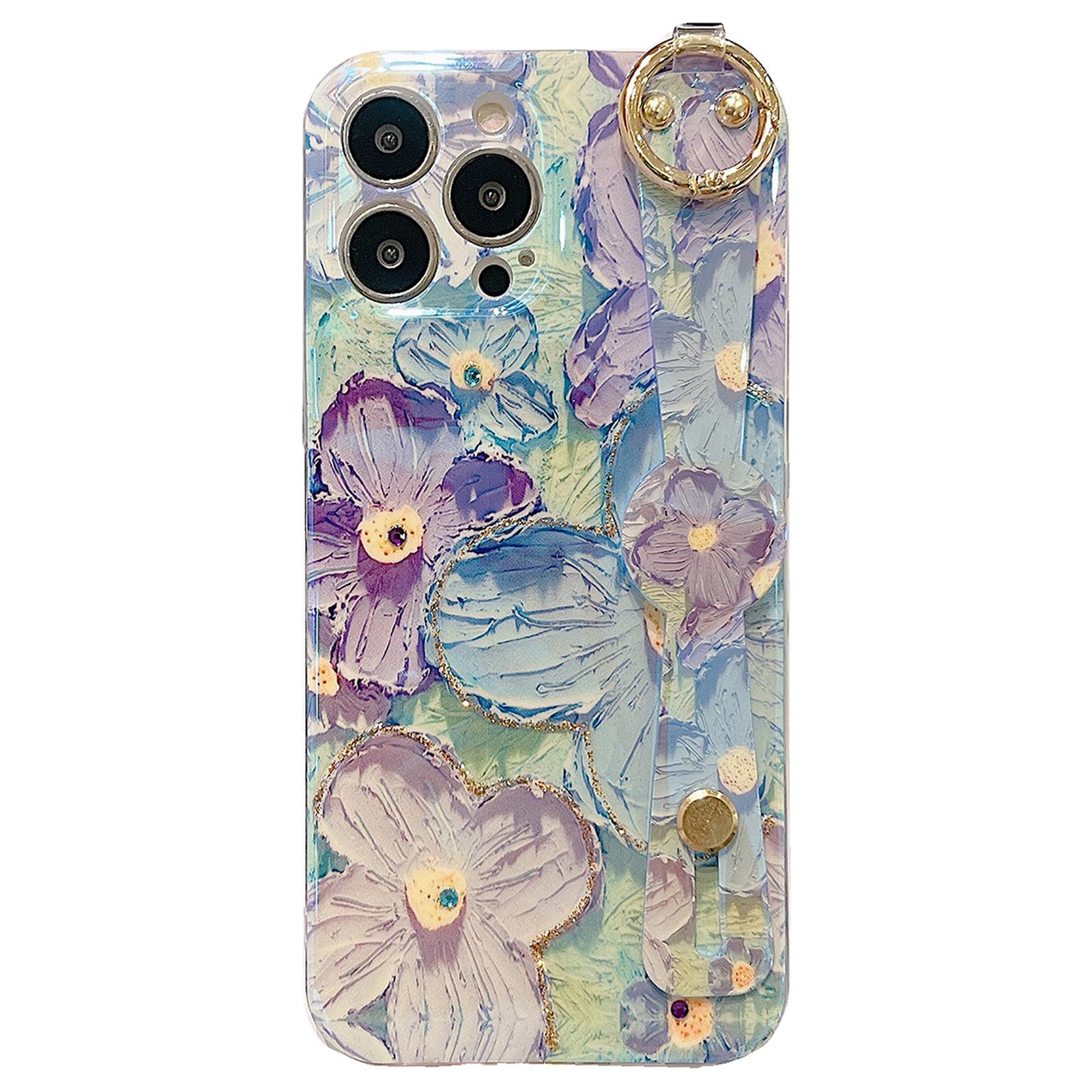 

For iPhone 16 Pro Case with Strap Kickstand,Shoulder Lanyard Floral Pattern IMD TPU Phone Cover Purple Flower