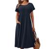 Women's Fashion Solid Color Round Neck Pocket Pleated Short Sleeve Cotton And Linen Dress