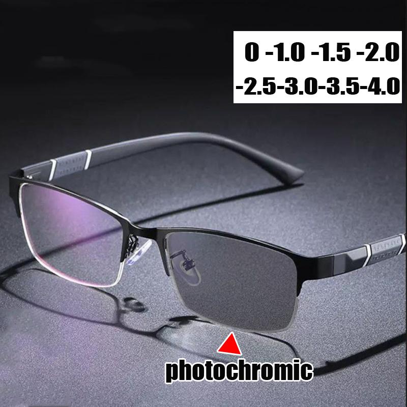 

Square Business Color Changing Sunglasses with Diopter Fashion Half Frame Photochromic Near Sight Eyeglasses Finished Eyewear