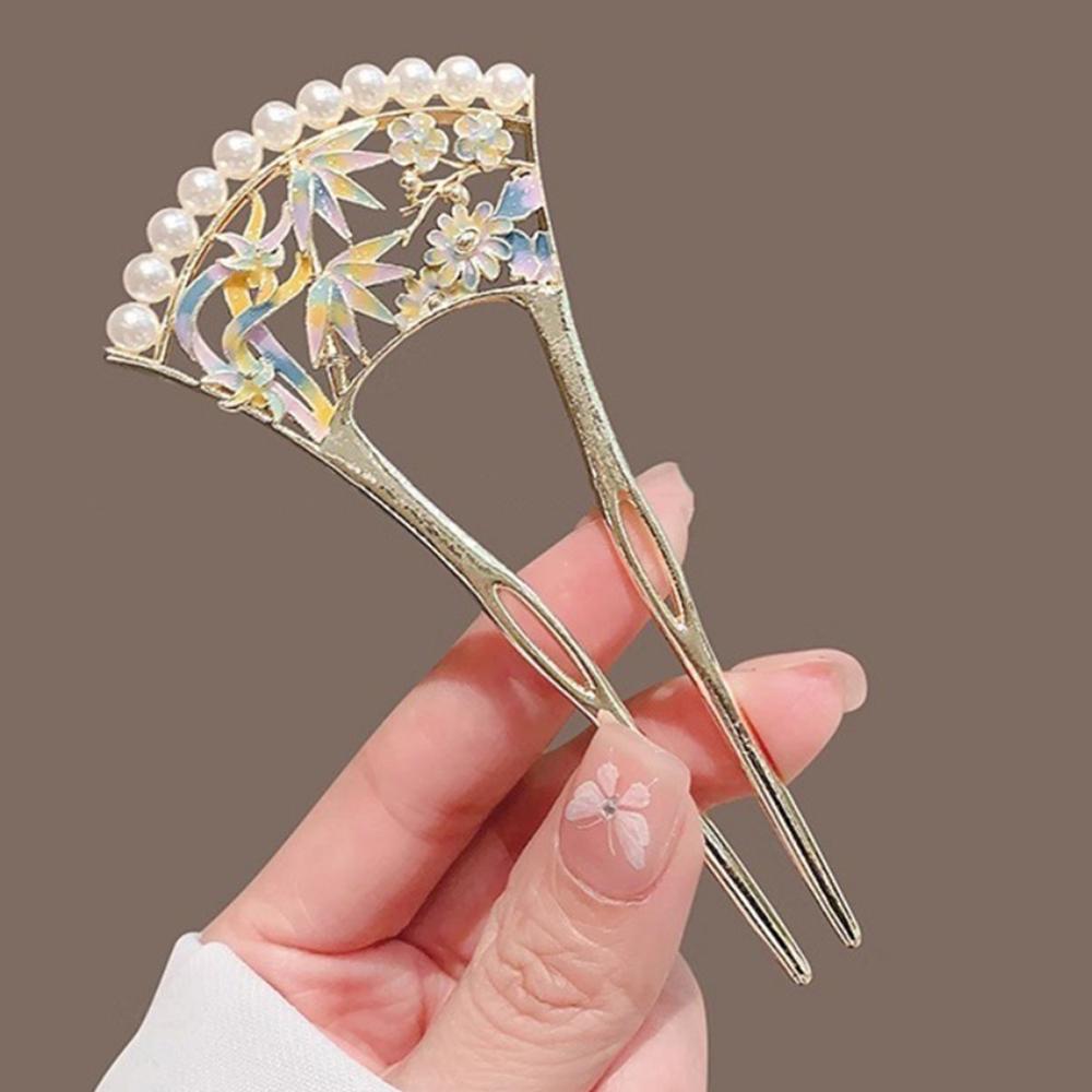 1pc Chinese Metal Hair Pin U Shaped Hair Sticks Fork Pearls Flower Leaf Designs Hairclip Women Hanfu Dress Chignon Jewelry