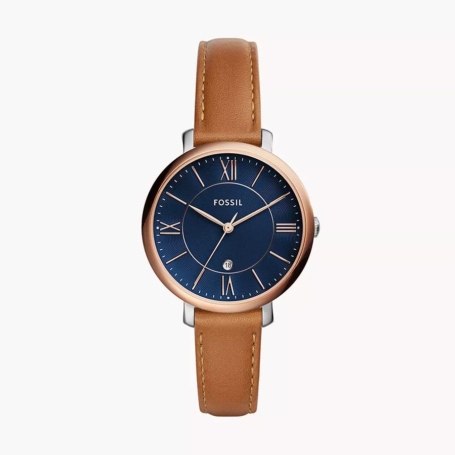 

Fossil Jacqueline Women s Watch - 36mm Blue Dial Brown Leather Strap, Rose-Gold Accents Gift ES4274