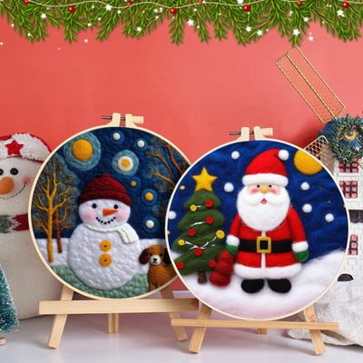 Christmas Needle Felting Kit Holiday Felt Painting Set for Beginners Starter Needle Felting DIY Craft Kit with Pad Needles Wool Decorative Frame