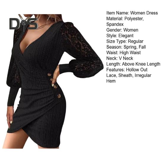 Women Dress Hollow Out Lace Sleeves Sheath Slim Fit Irregular Deep V Neck Hem Solid Color OL Style Formal Party Banquet Mini Dress Fall Spring Short