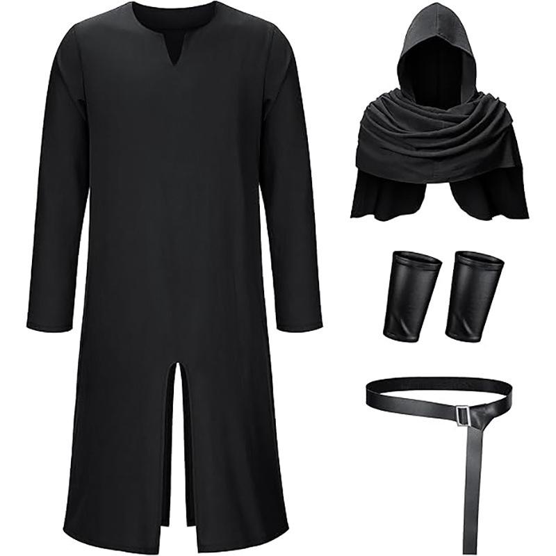 Mittelalterliches Vintage-Umhang mit langer Kapuze, gefaltetes Schal-Handgelenkschützer und Taillengürtel-Set, Retro-Zauberer Halloween Cosplay Kostüm