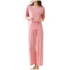 Women's Casual Pajamas Set Solid Color Short Sleeve Up Nine Pants Two Pieces