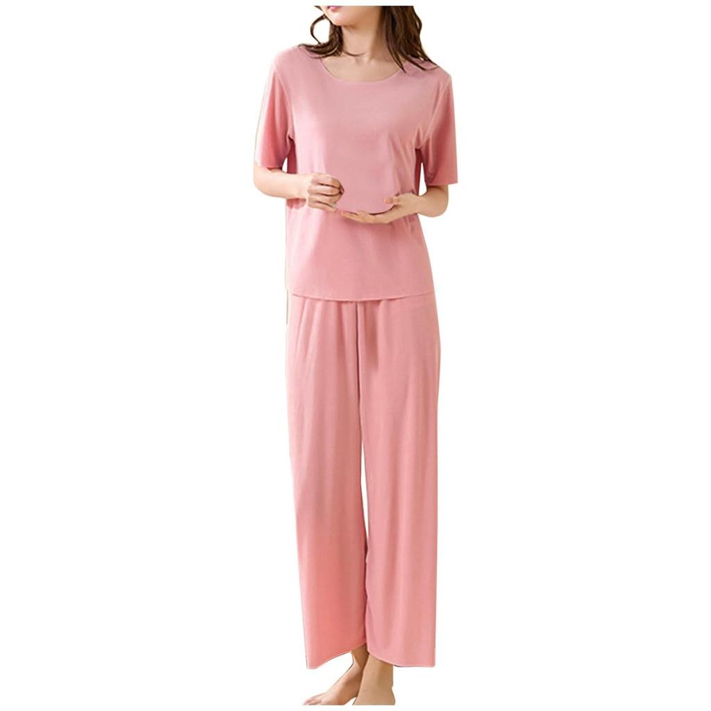 Women's Casual Pajamas Set Solid Color Short Sleeve Up Nine Pants Two Pieces