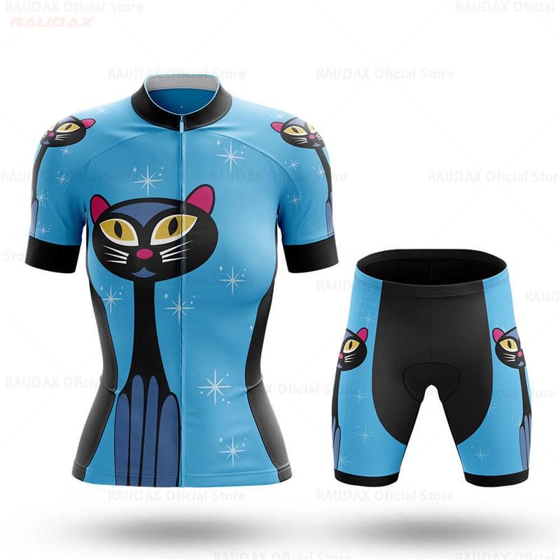 Women's Cycling Jersey Set Pink Cartoon Cat Summer Short Sleeve Breathable MTB Bike Cycling Clothing Maillot Ropa Ciclismo Mujer