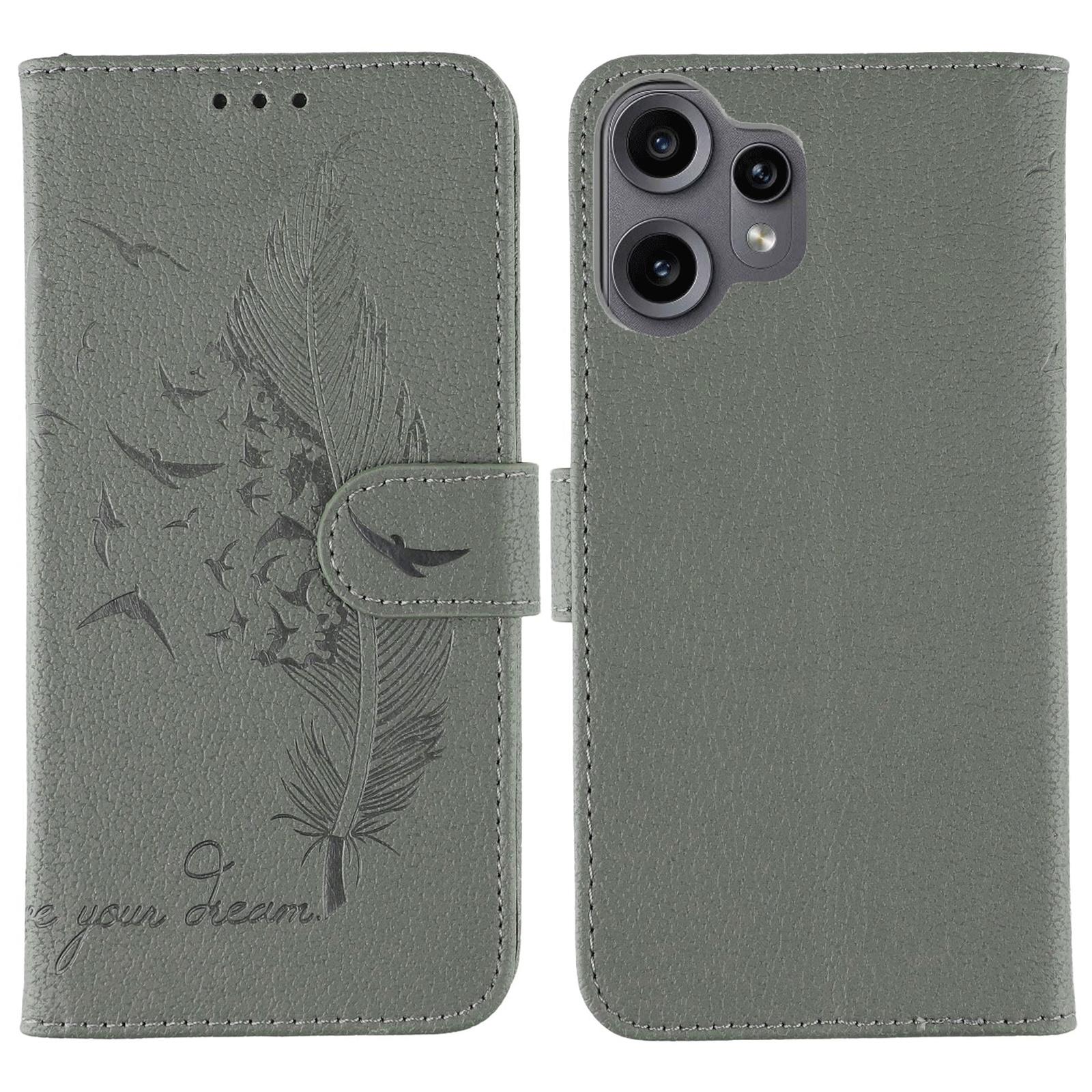 

For Nothing CMF Phone 2 Pro Case Feather Imprint PU Leather Wallet Phone Cover Grey
