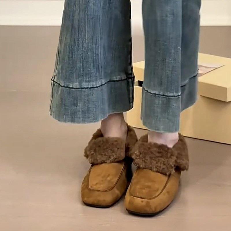Fleece loafers with heightened square head inside, fluffy shoes to keep warm, cotton single shoes in autumn and winter