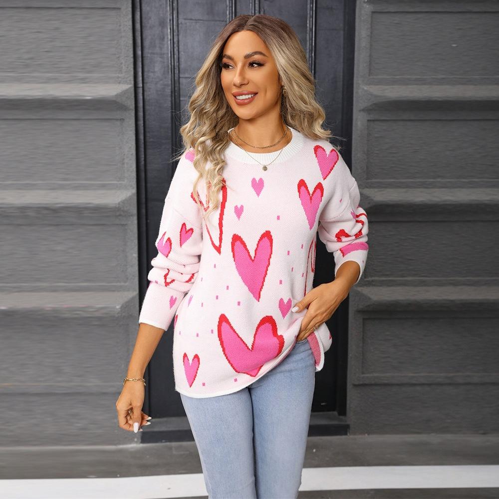 Heart-shaped Pullover Loose Sweater, Round-neck Long-sleeved Small Heart Knitted Sweater for Women