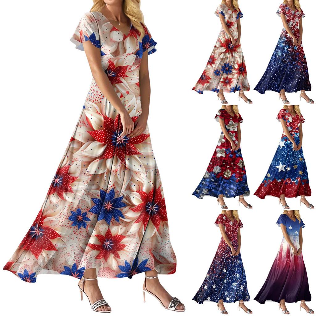FashWomen's Loose Casual V-Neck Short Sleeved High Waisted Print Dress