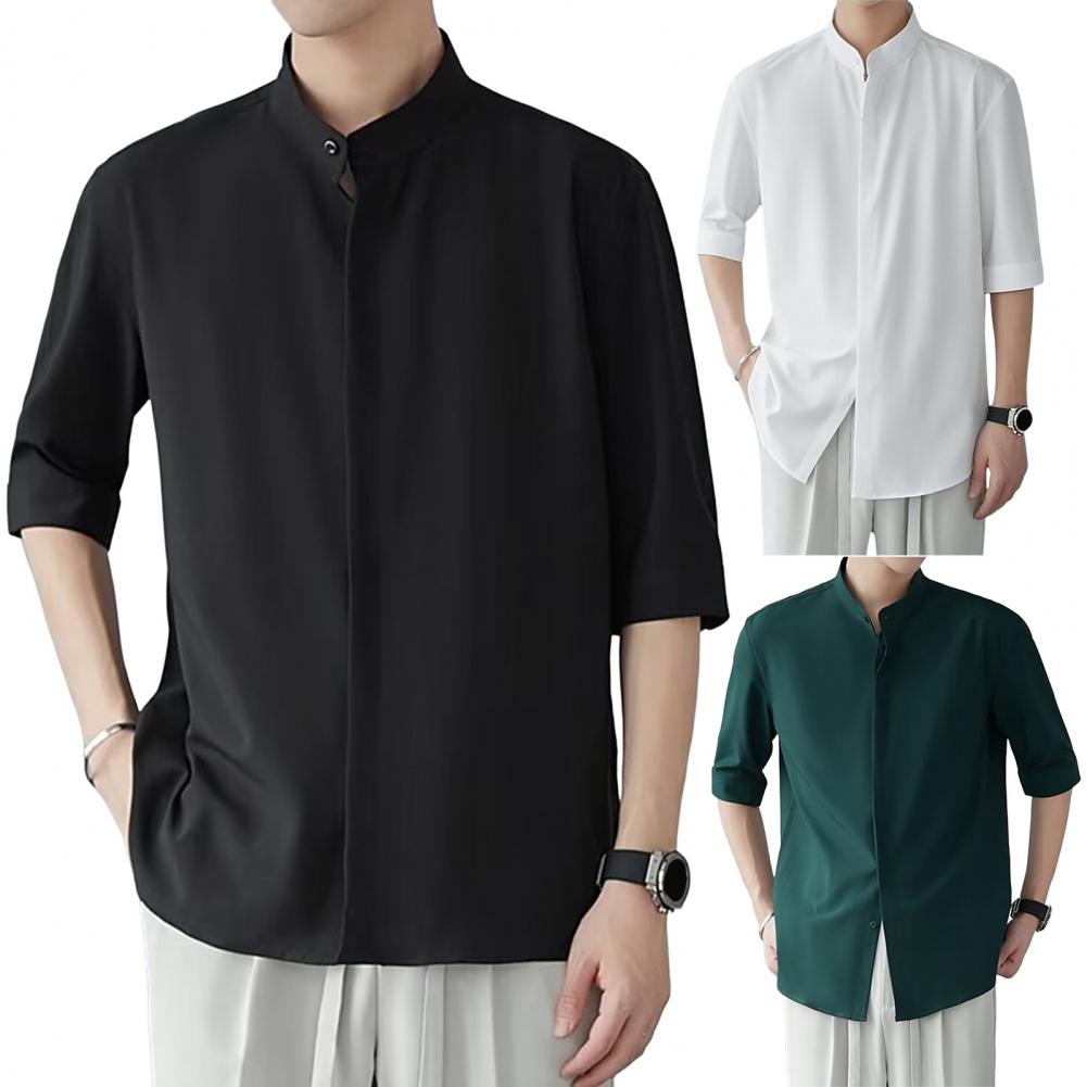 Men Blouse Latest Chinese Style Stand Collar One Tone Relaxed Fit Mid Sleeves Everyday Daily Wear Mid Length Office Top