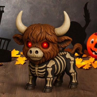 Herbst Skelett Hochlandkuh Gruselige Hochlandkuh Figur mit leuchtenden roten Augen Halloween Tischplatte Harzstatue für Zuhause Garten Küche Büro
