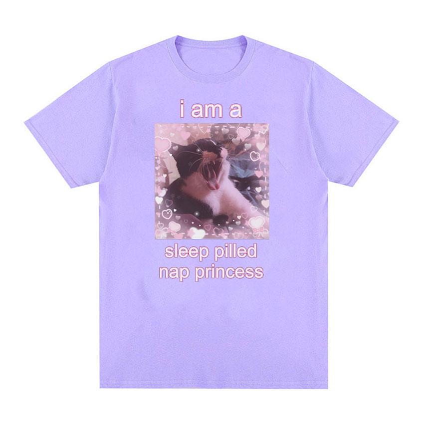 

I Am A Sleep Pilled Nap Princess Cute Cat Meme Графические футболки для мужчин и женщин Высококачественная повседневная хлопковая футболка большого размера, милые топы