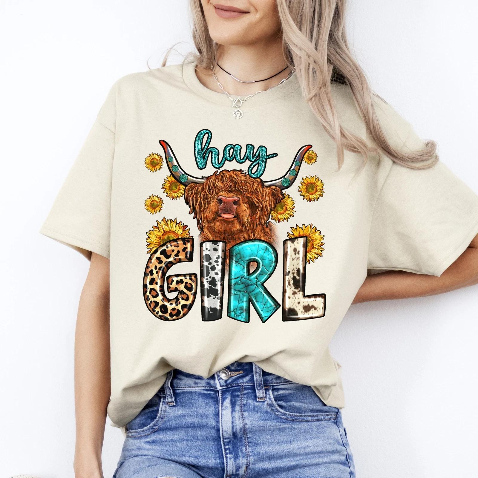 Hay girl T-Shirt gift Western Sunflower highland cow Texas girl Unisex tee Sand S
