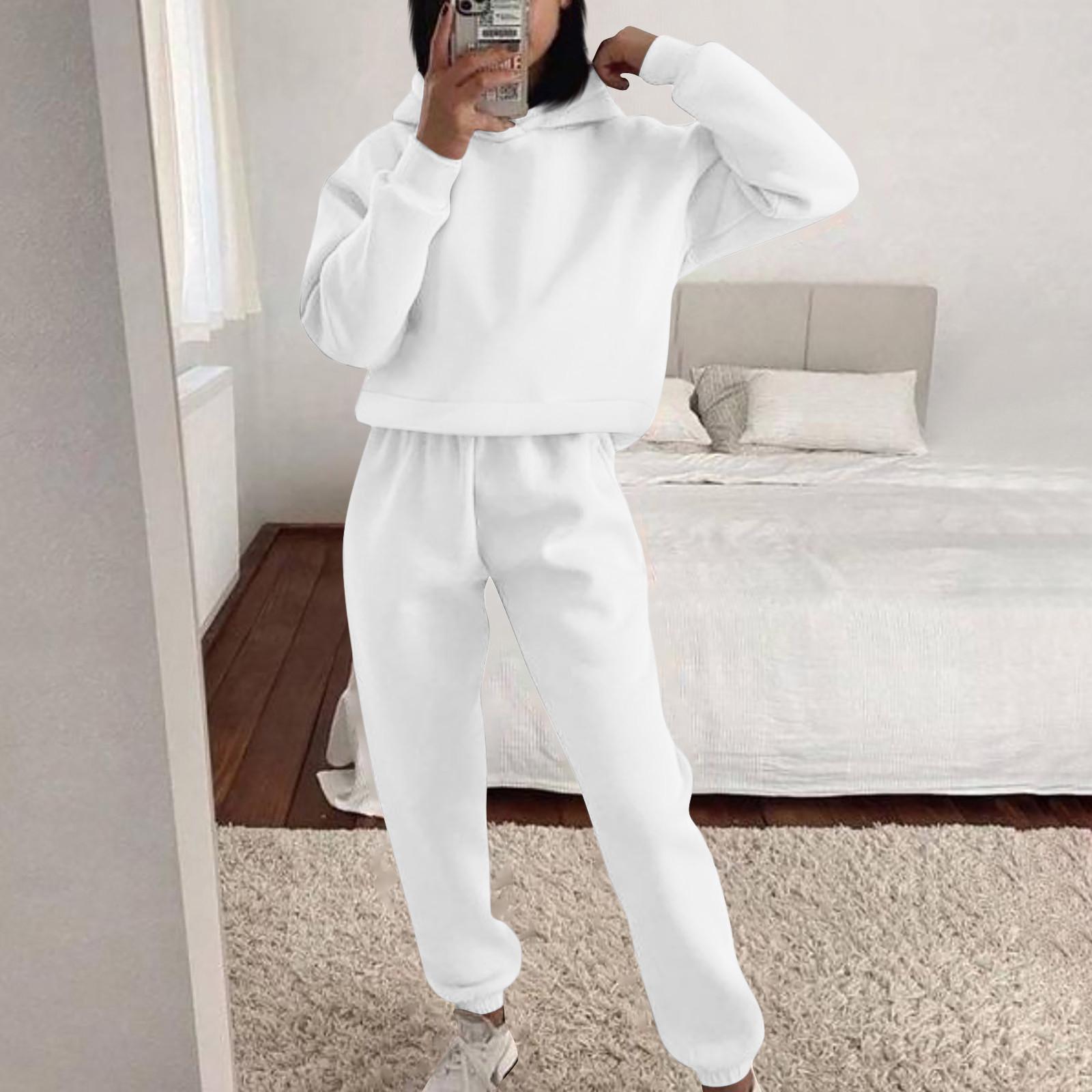 

Летний женский однотонный топ с капюшоном и длинными рукавами, повседневные эластичные брюки с карманами, спортивный стиль для тренировок, свободный мягкий комплект из двух предметов S белый