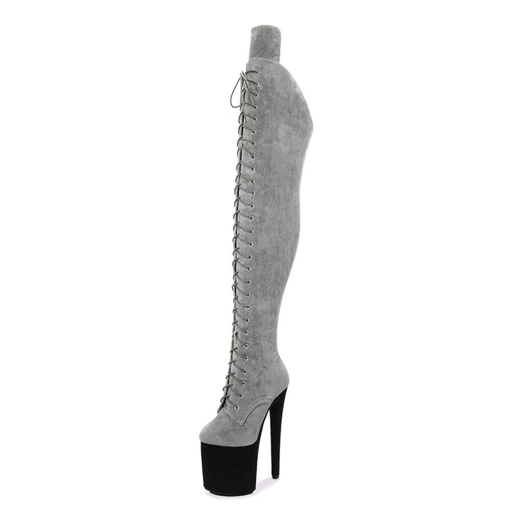 Fashion FHC 20CM Heel Sexy Pole Dancing Shoes,Unisex Flock Thigh High Boots,Round Toe,Women Platform Over The Knee Botas,Grey,Khaki,