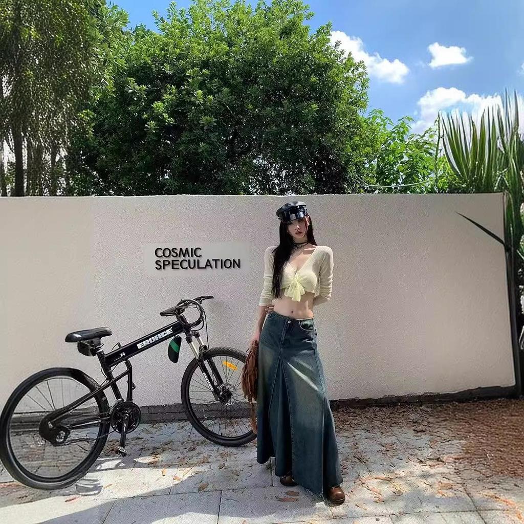 Women's High-Waist Summer 2024 Retro Washed Denim A-Line Skirt