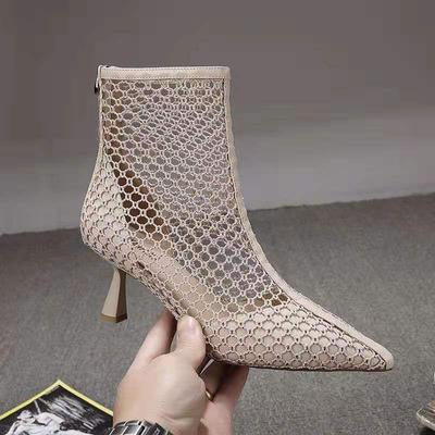 Fashion Europea Style Women Mesh Shoes,Booties,Sexy Hollow Out Sandals Boots,Summer Heels,Pointed toe,Back Zip,Black,Apricot,Dropship