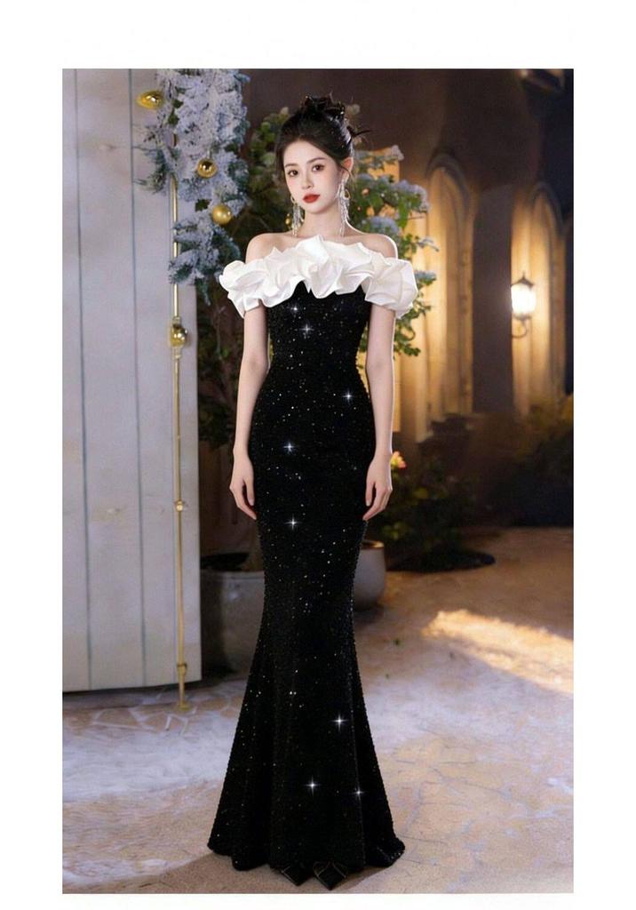 Elegant One-Shoulder Black Sequin Mermaid Evening Gown for Women