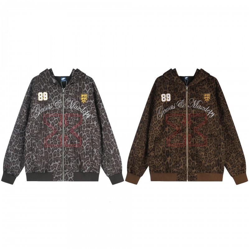 American Retro Leopard Print Gothic Embroidered Zip Up Hoodie Loose Fit Men Women