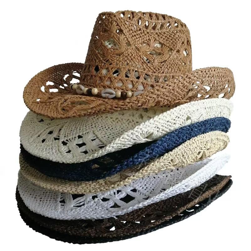 Summer Bohemian Shell Straw Hat Beach Women Men Cowboy Hats Wooden Beads Hollow Out Western Wide Brim Sun Hat Holiday Cap