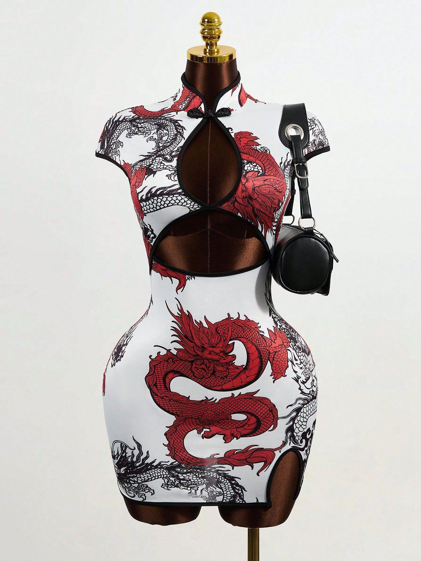 Женское летнее платье-ципао с принтом «Чистое желание» 2025 года - Облегающее, сексуальное, подчеркивающее бедра Large красный/белый