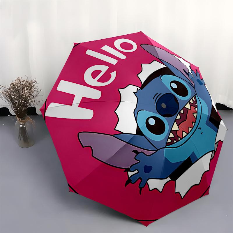 Stitch, Hello Automatic Opening and Closing Umbrella - 8 Ribs Portable Folding Umbrella with Plastic Handle, Suitable for Leisure and Hallow