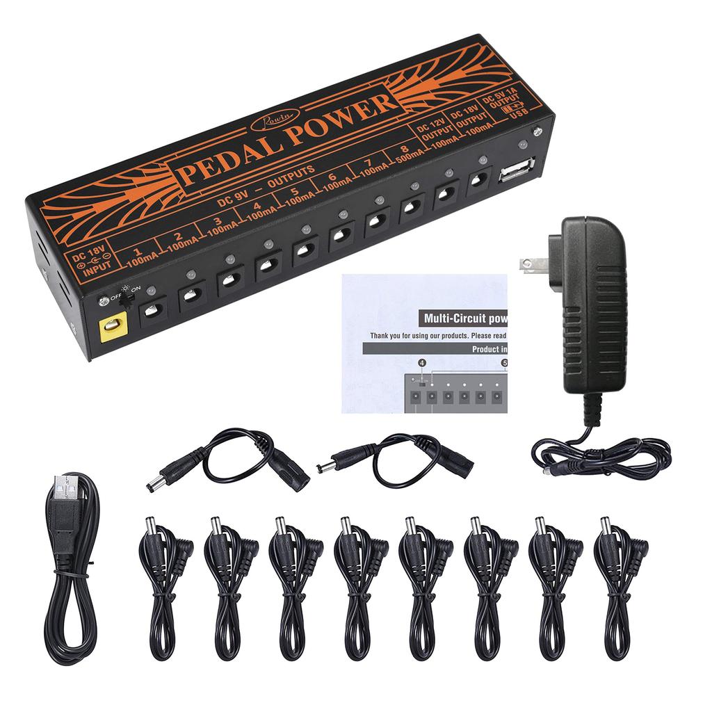 Rowin PW-01 Guitar Pedal Power Supply 10 Isolated DC Output for 9V/12V/18V Guitar Bass Effect Pedals with USB Charging-