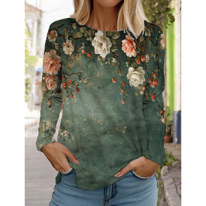 Women's 3d printed flower T-shirt fashion long-sleeved round neck regular tops holiday weekend blue spring and autumn wear