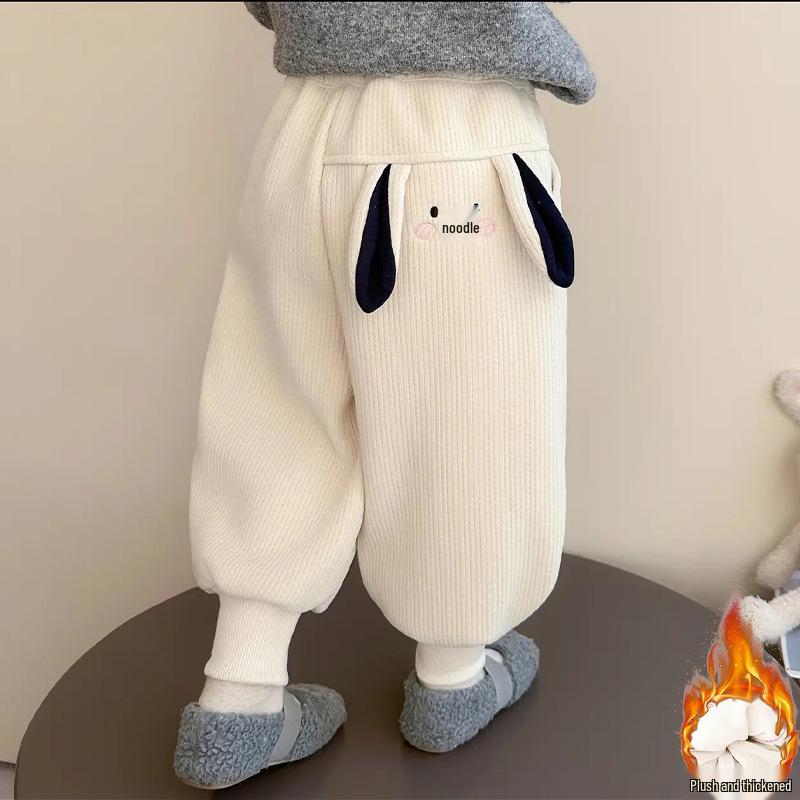 Fleece-Lined Cuffed Autumn/Winter Pants for Girls - Windproof, Warm Cartoon Design