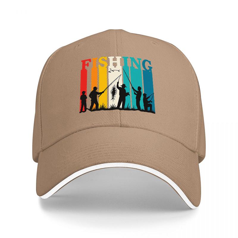 FISHING RETRO SILHOUETTE BASEBALL CAP COLORFUL STRIPES DESIGN Unisex OUTDOOR HAT FISHING ENTHUSIASTS STYLE CLASSIC FIT