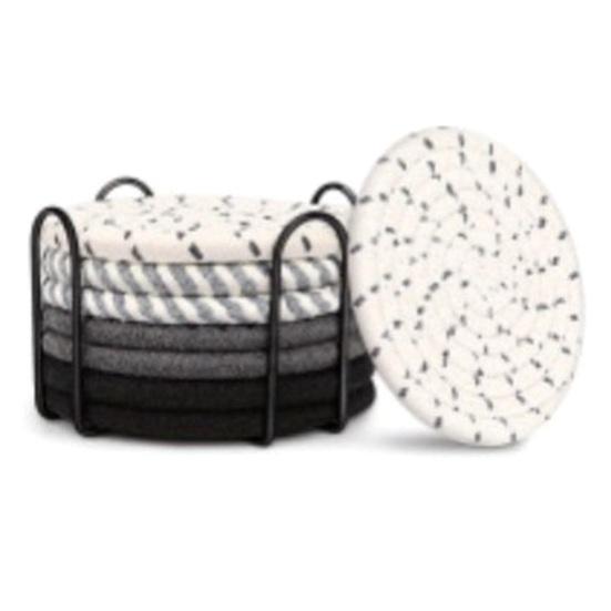 Yousheng 8Pcs Cotton Woven Coasters for Drinks, Absorbent Coasters Set with Holder, Wear-Resistant Insulating Heat-Resistant Coasters for Cups Teapots
