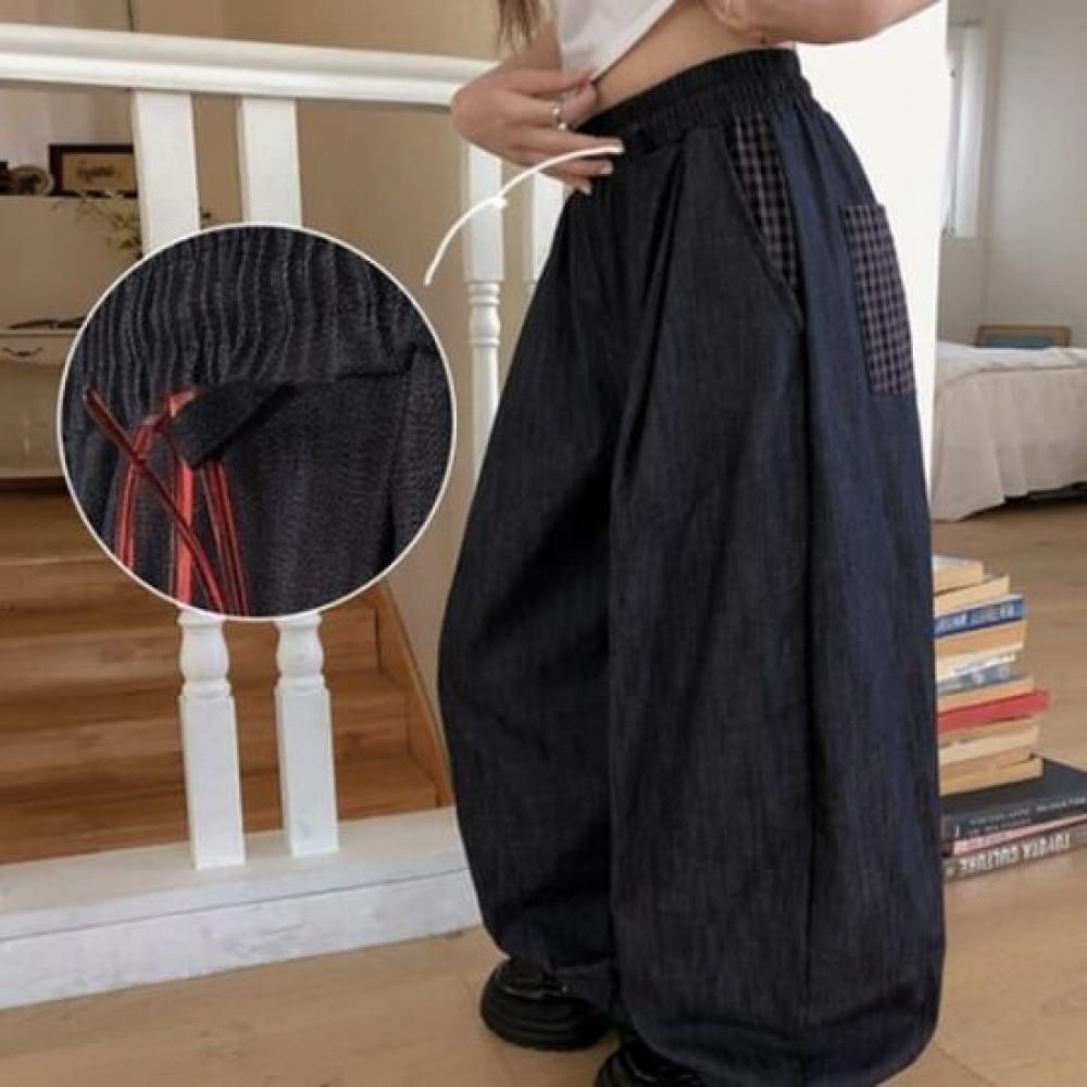 The Pink Wide Denim Pants Check Pocket Non Fade