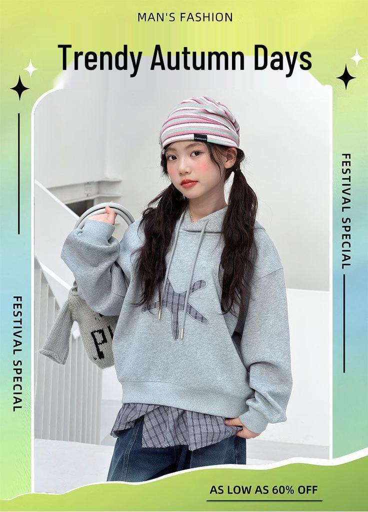 Girls' Plaid Patchwork Hooded Sweatshirt: 2026 Autumn Style for Middle and Older Children - Faux Two-Piece Long-Sleeve Top