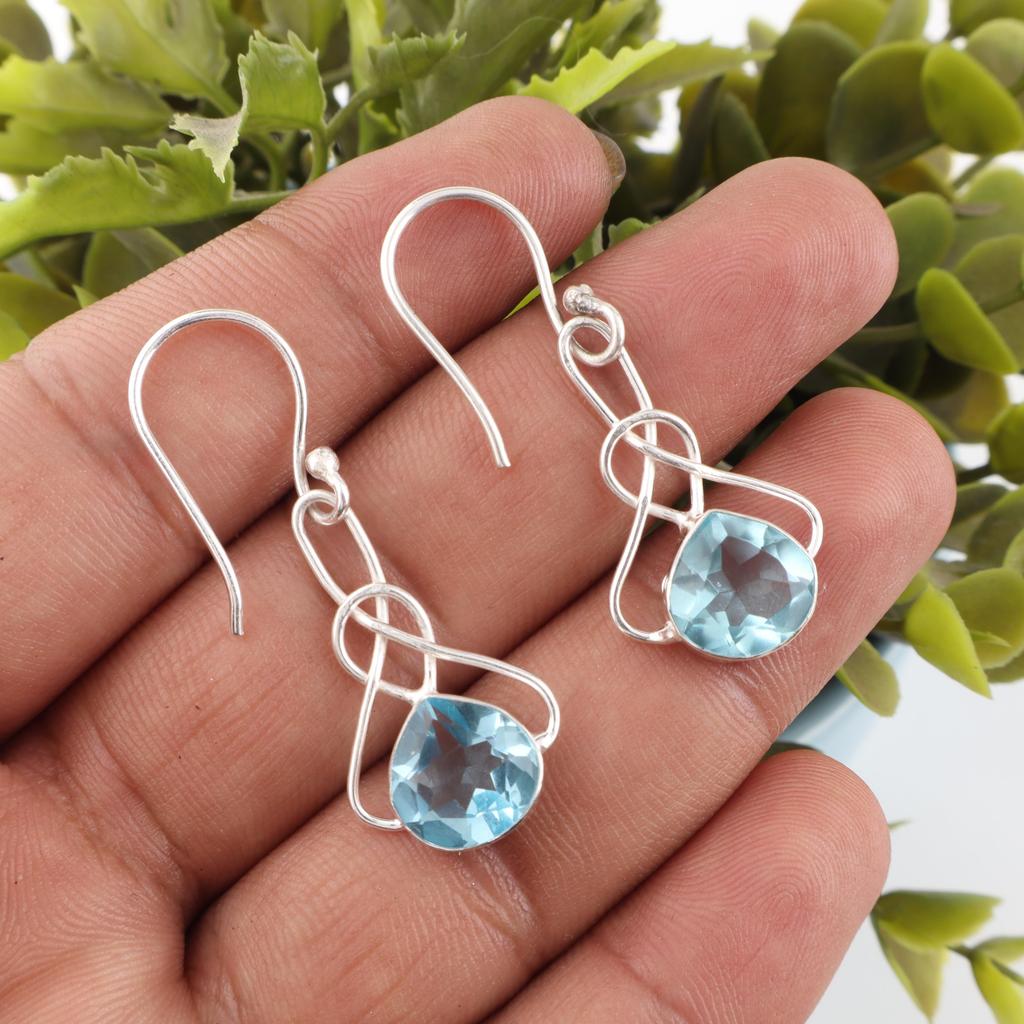 Sky Blue Topaz Gemstone Earrings, Handmade Gorgeous Jewelry, 925 Sterling Silver Jewelry, Bohemian Earrings For Wedding Gift