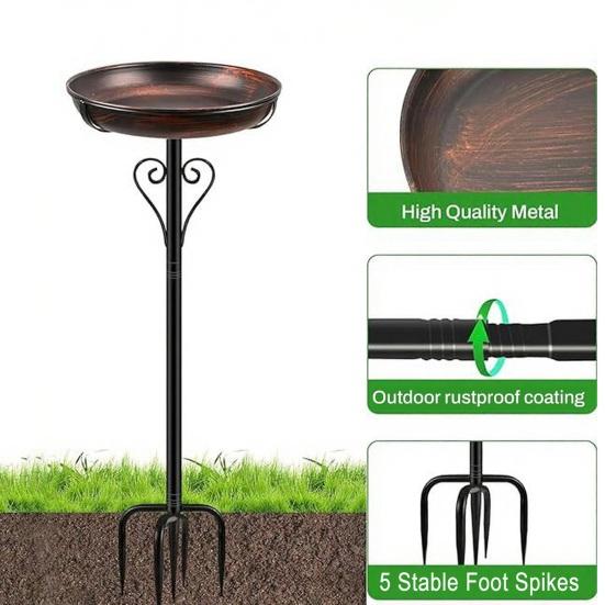 Bird Bath Outdoors Spacious Iron Art Birdbath with Ground Insert Installation Garden Patio Lawn Yard
