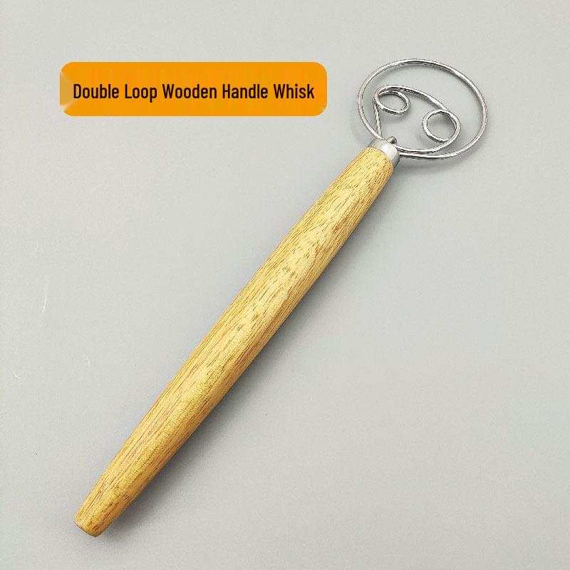 Danish Wooden-Handled Single Coil Dough Mixer: Manual Handheld Baking Tool for Flour Blending