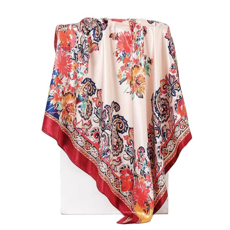 Supply 91CM large square scarf women's ethnic style red cashew nut pattern printed scarf women's headscarf silk scarf